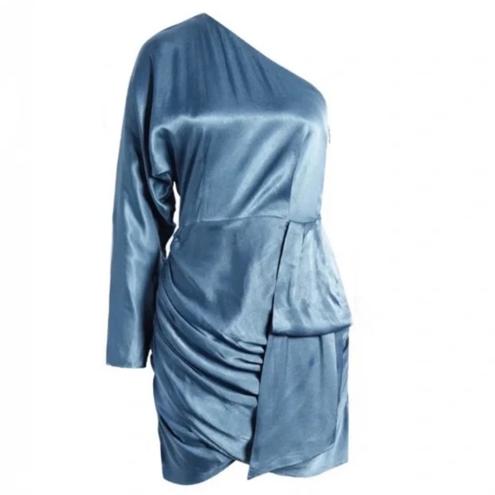 Elliatt Saronic Blue Satin One-Shoulder Long Sleeve Cocktail Dress Size Small